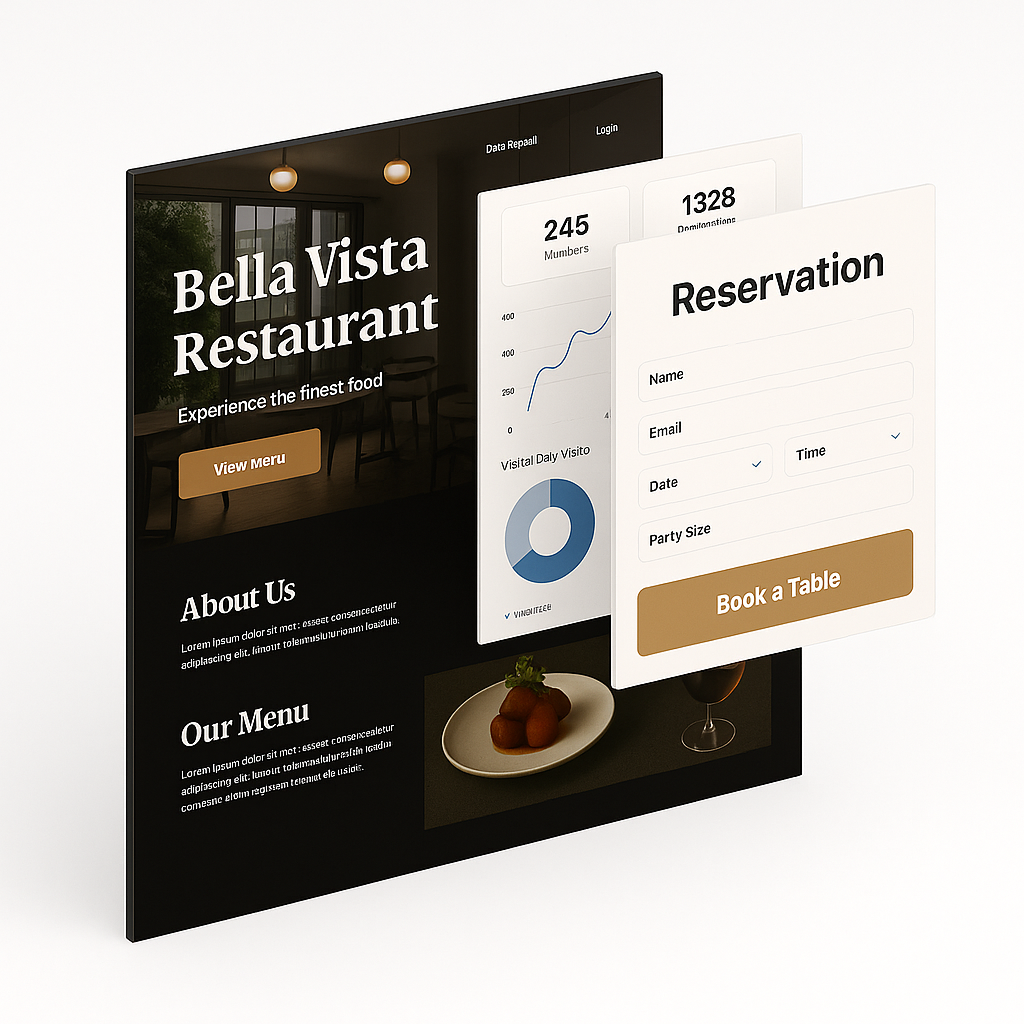 Restaurant website interface showing analytics and reservation system